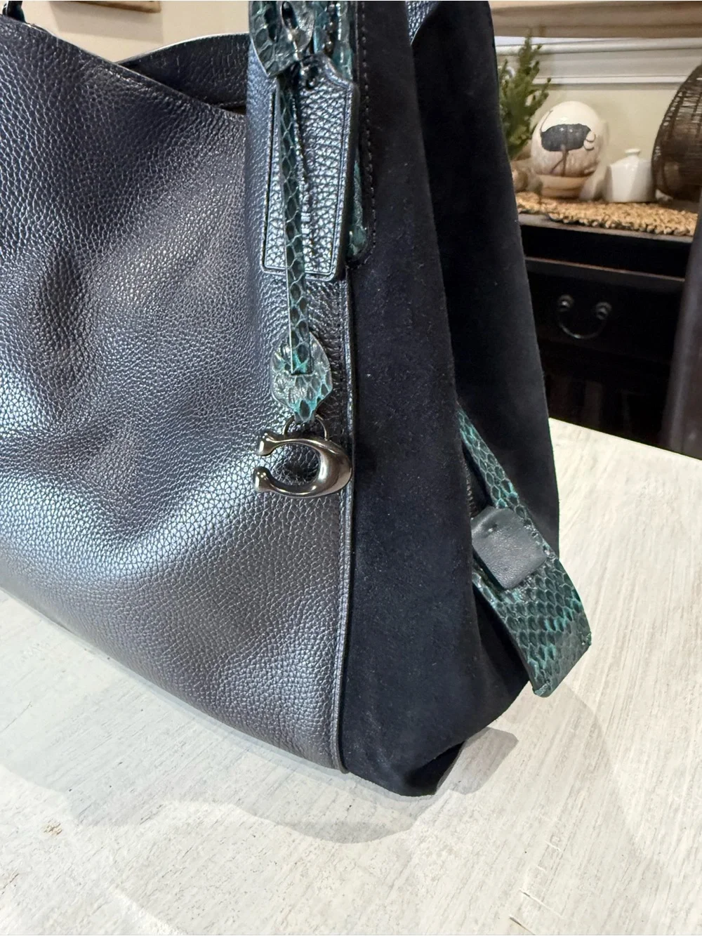Coach Dalton 31 Black Shoulder Bag with Teal Snake-Print Strap and Suede